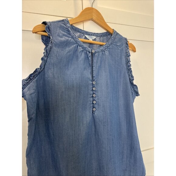 Time andTru Womens Ladies Blue Chambray Sleeveless Ruffle Blouse Top Size Large - Picture 2 of 10